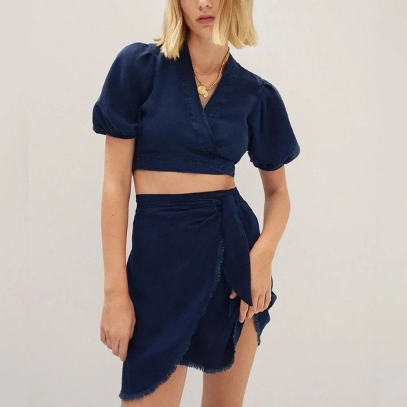 Mango Wrap Top Skirt Set Lyocell Chambray dark wash denim crop high waisted - Picture 1 of 12